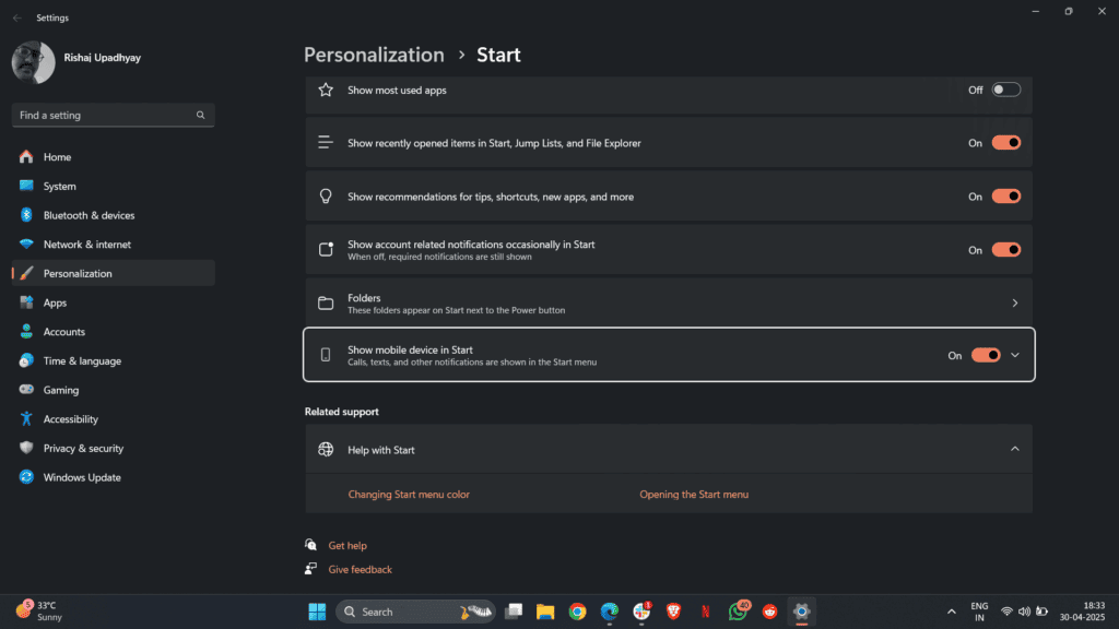 Show mobile device in start menu panel
