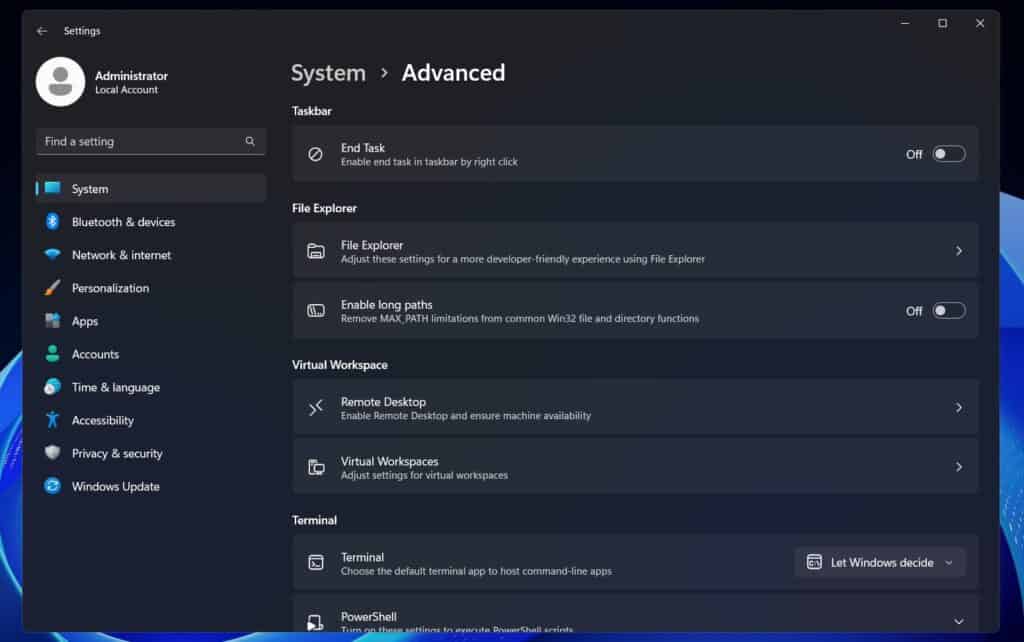Advanced settings page Windows 11