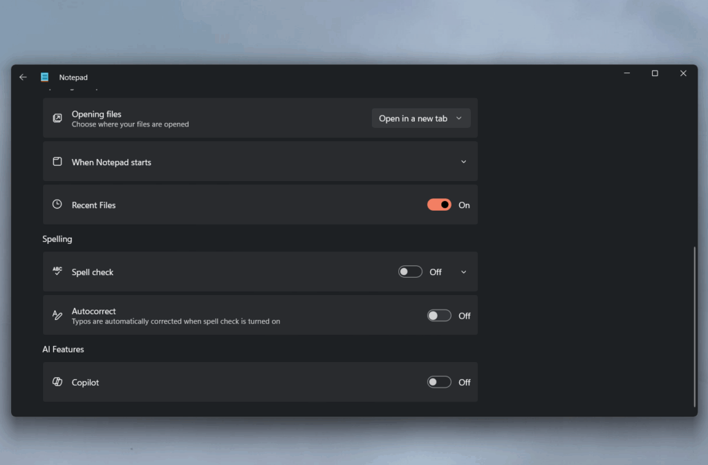 Disable Copilot and other features in Notepad Windows 11