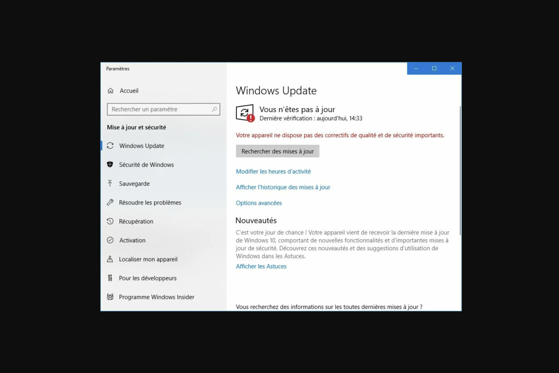 Votre Appareil ne Dispose pas des Correctifs de Qualité et de Sécurité Importants