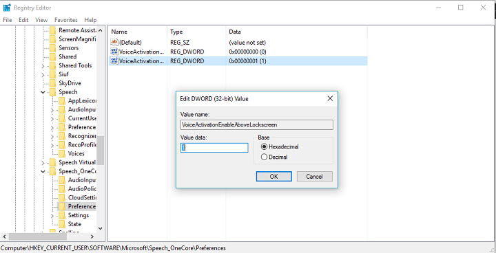 enable cortana on the lockscreen value 1