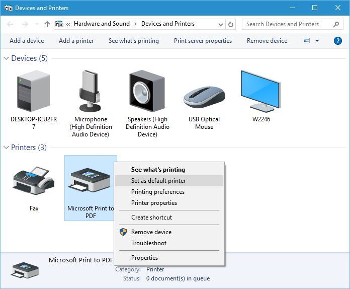 microsoft print to pdf not working set printer as default
