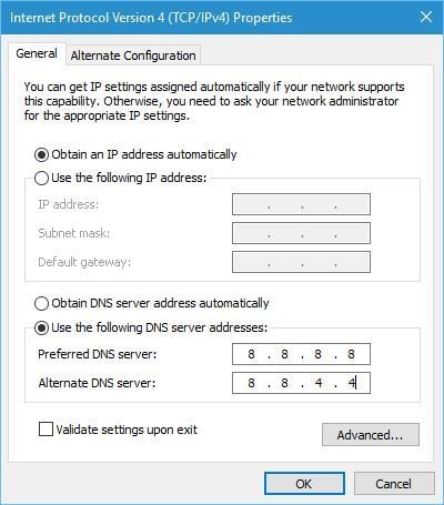 dns windows 10 change address