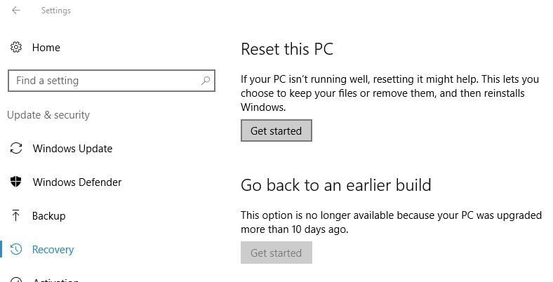 factory settings windows 10 menu