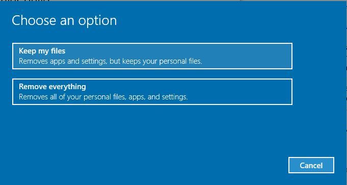 factory reset windows 10 options