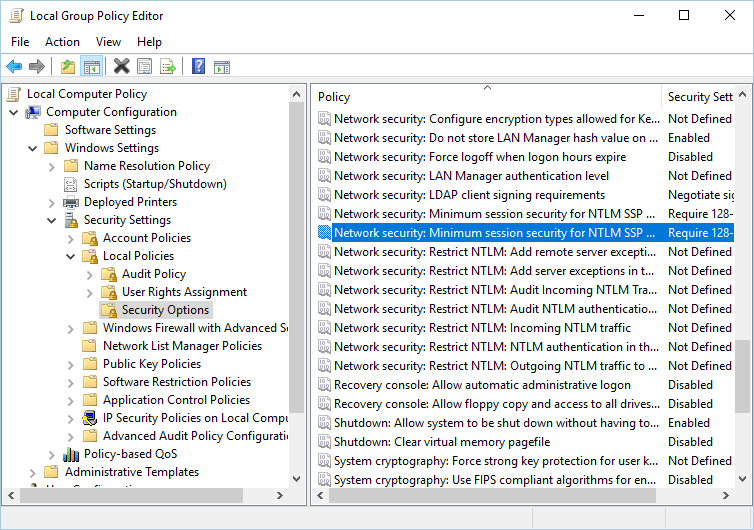 double click Network Security: Minimum Session Security for NTLM SSP