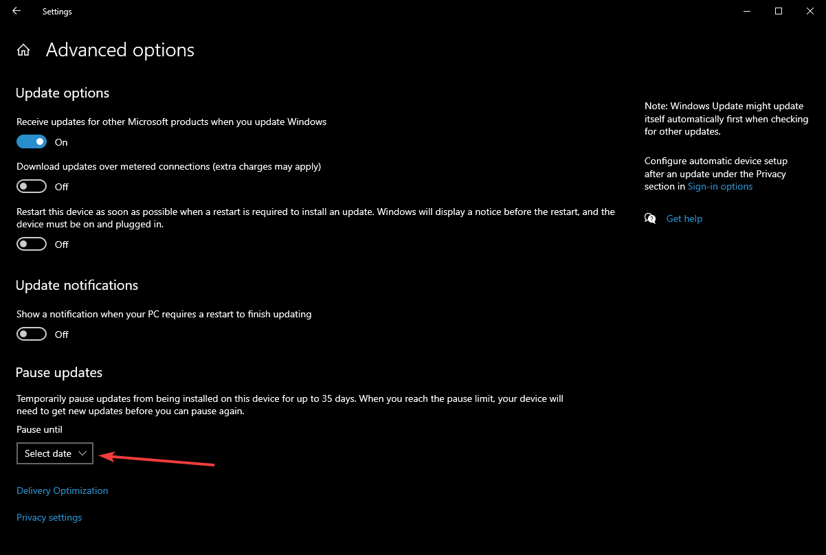 How to pause Windows Update in windows 10 select date