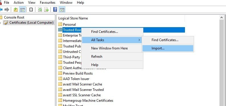 trusted root certification authorities