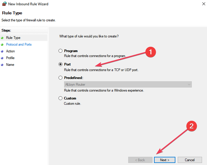 firewall port rules control panel