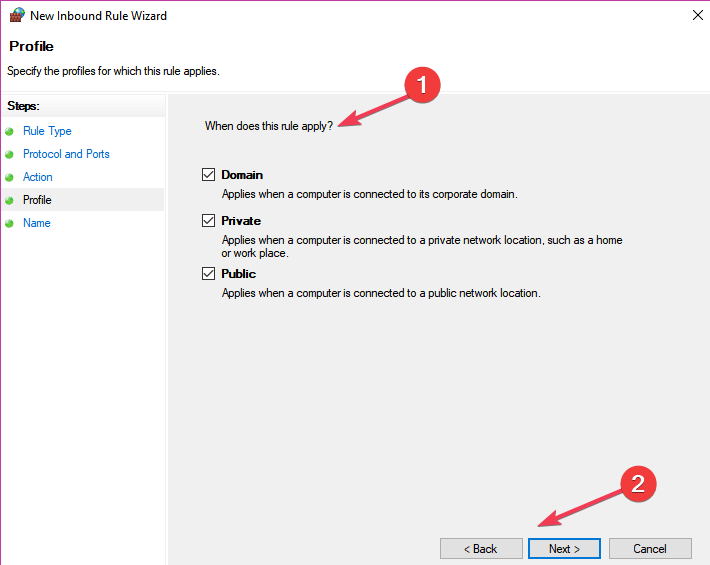 windows firewall port rule profile