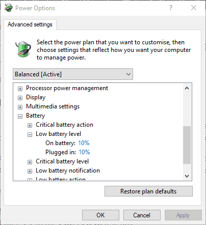 low battery level advanced power settings