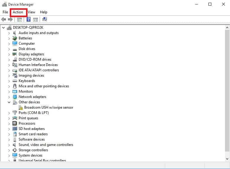 device manager action tab