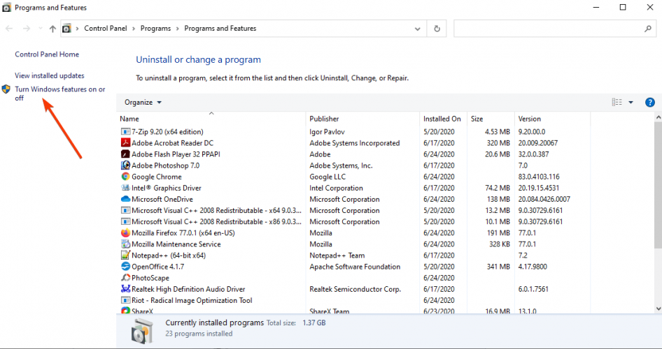 open programs and features