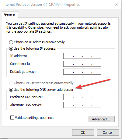 select use the following dns server addresses