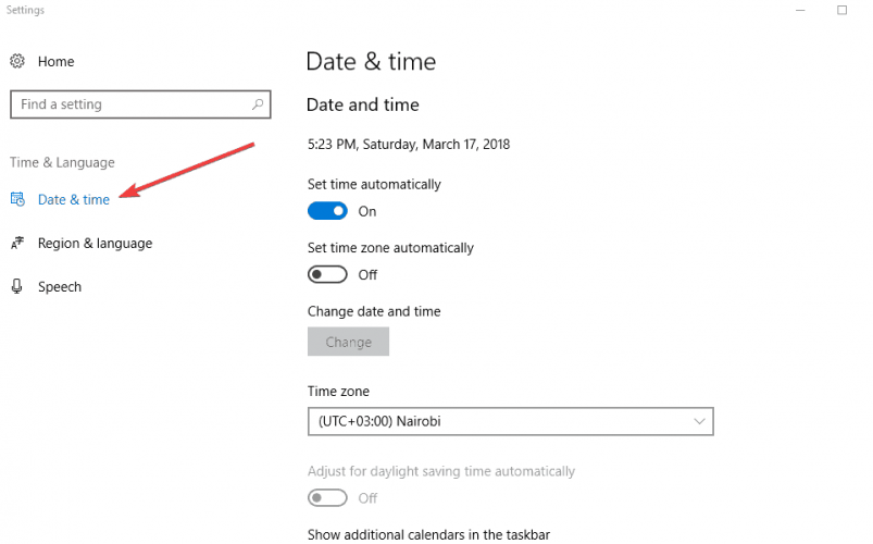 date and time settings windows 10