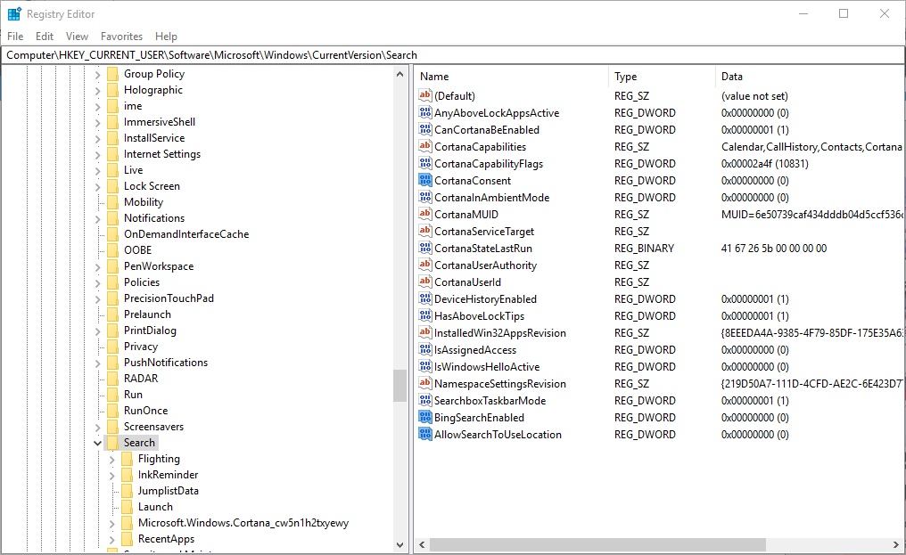 disable cortana web search regedit