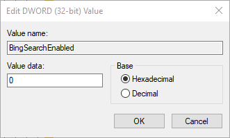 disable cortana web search value zero