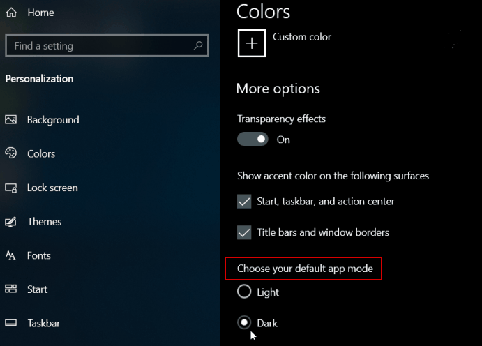 choose default app mode colors