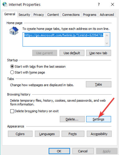 browsing history settings windows 10