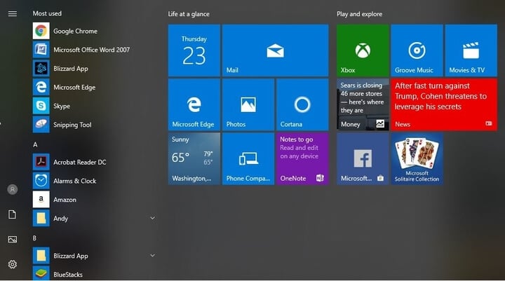 start menu live tiles windows 10