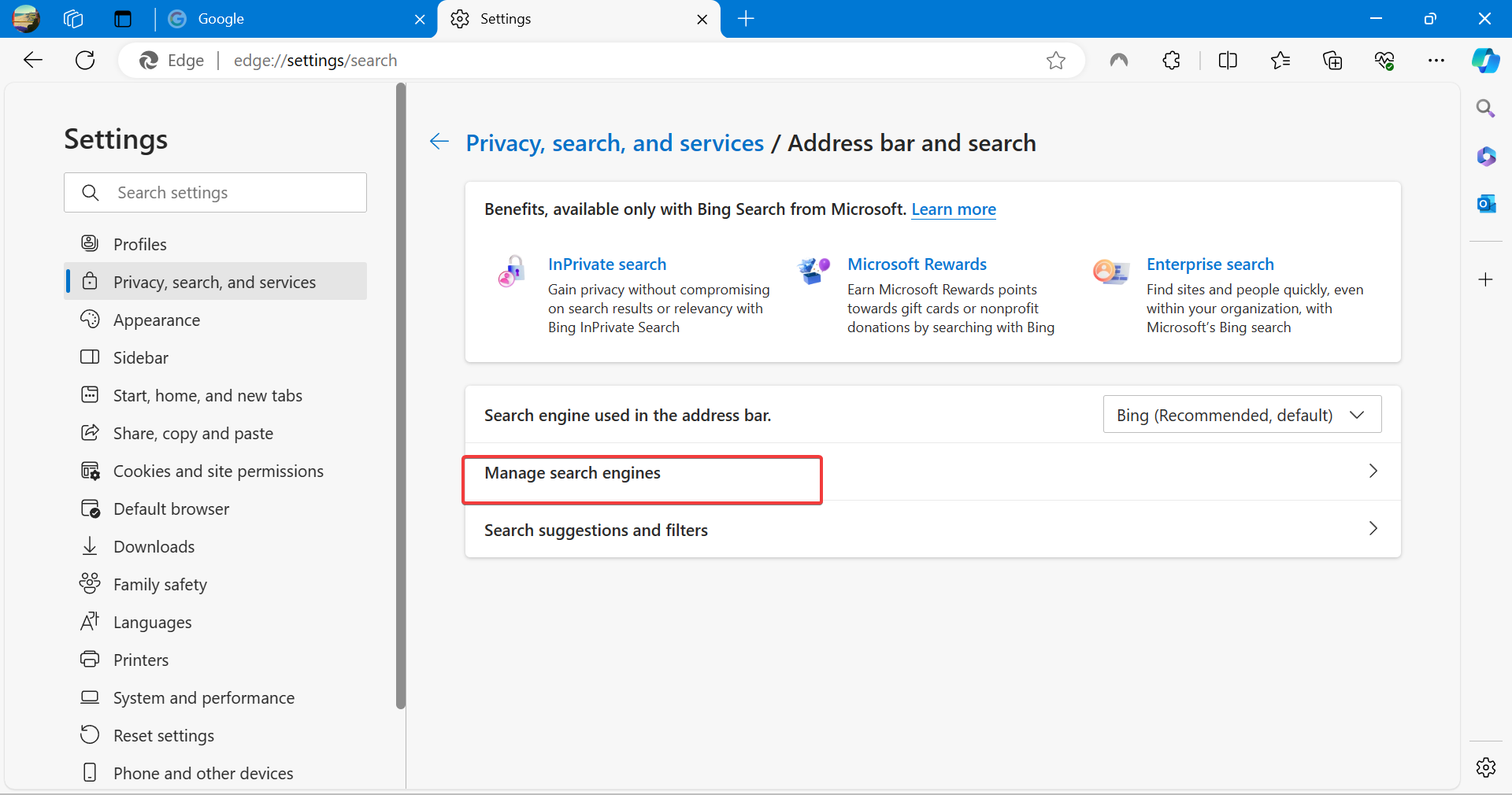 manage search engines