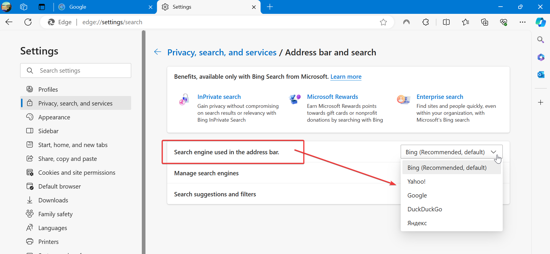 search engine used in address bar edge