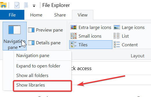 enable libraries windows 10 setting