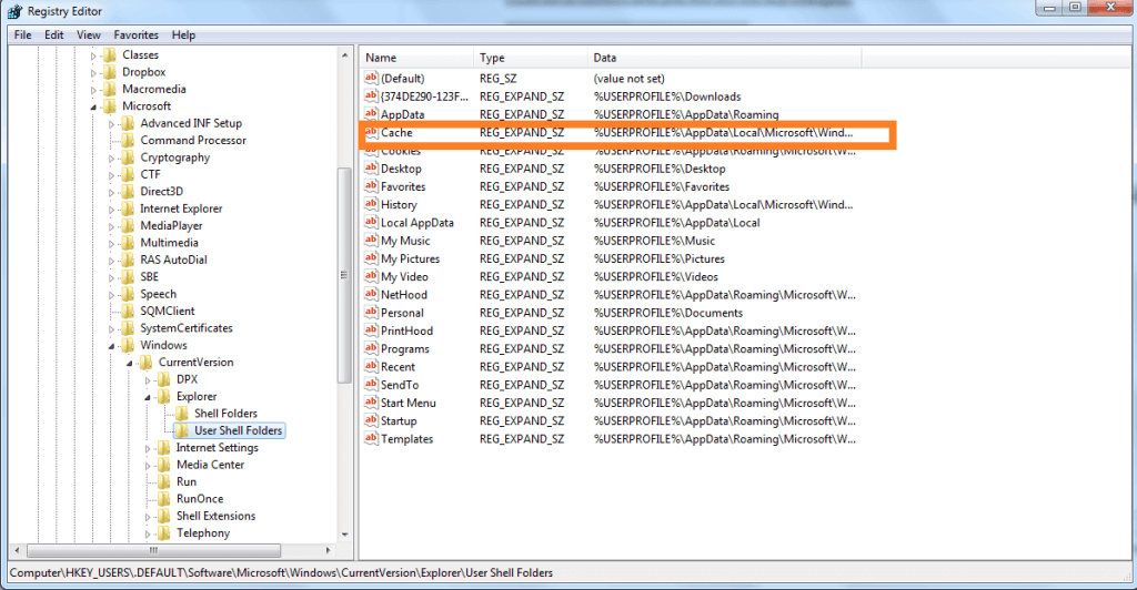 registry editor the location where temporary internet files are stored has changed