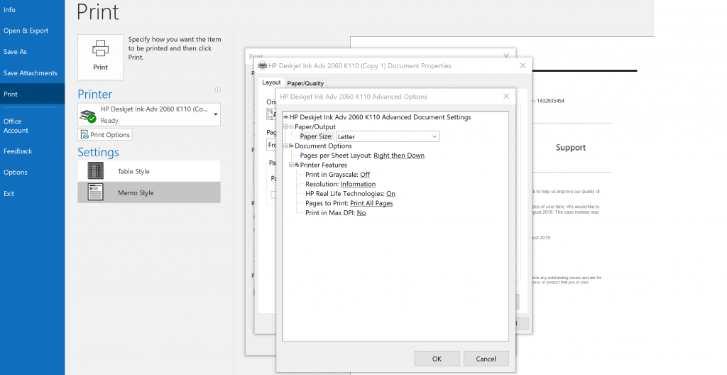 change printing settings outlook won't print entire email