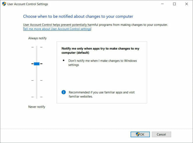 User account settings edge can't open never notify user account control settings