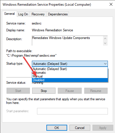 Windows remediation service properties startup type disabled - sedlauncher.exe fix high cpu