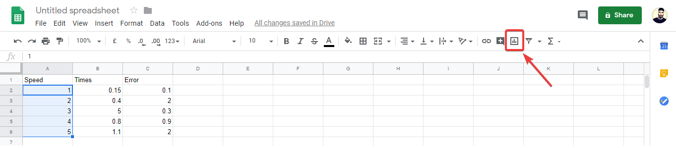 Insert chart option - how to add error bars in google sheets