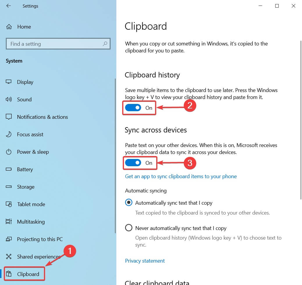 clipboard history settings