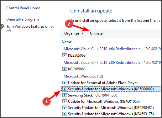uninstall update kb500802