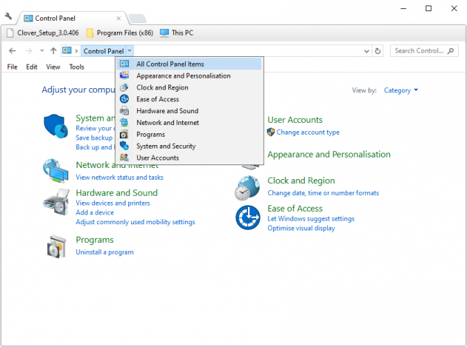 Control Panel window outlook error 0x8004010f windows 10
