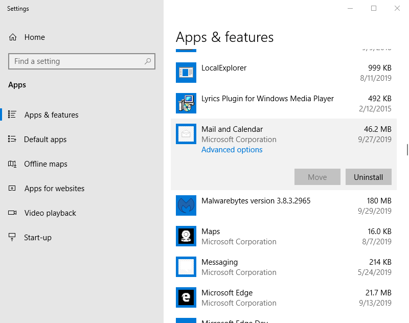 how to disable mail app windows 10 apps and features