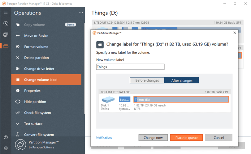 Change volume labels in Paragon Partition Manager