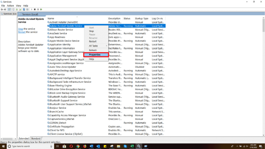 open the service properties to disable adobe updater windows 10