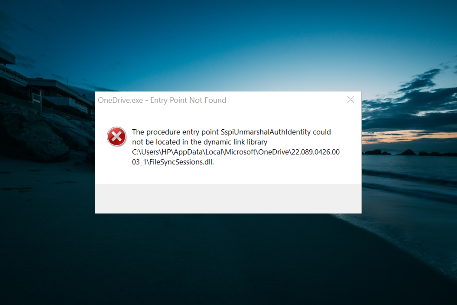 onedrive.exe entry point not found