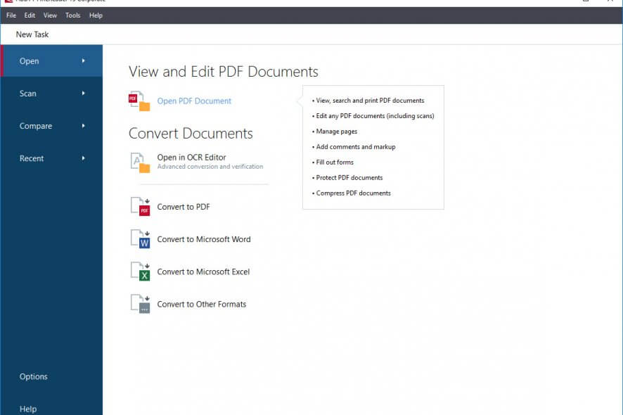 Main menu of ABBYY FineReader