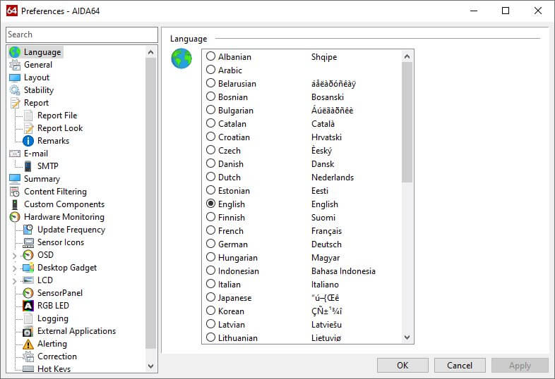 AIDA64 Extreme configuration menu