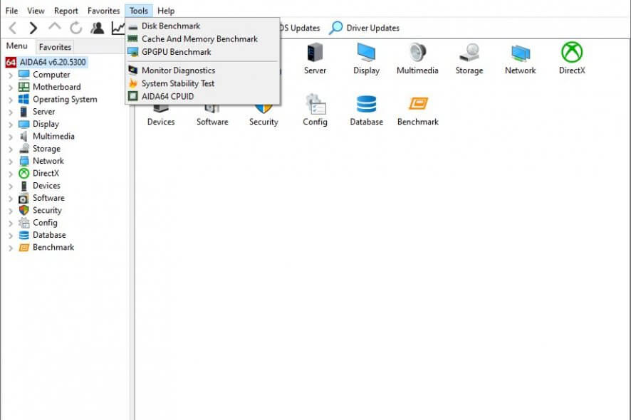 The tools menu of AIDA64 Extreme