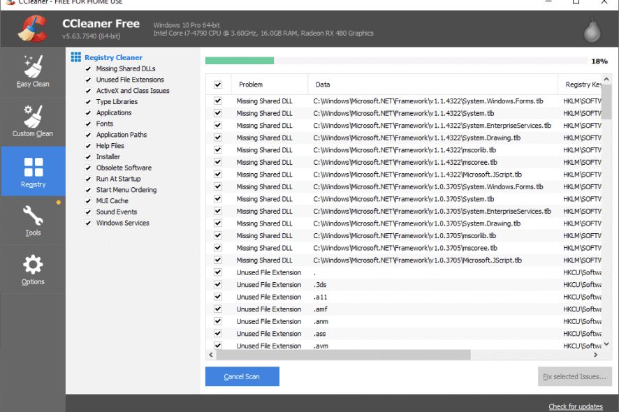 CCleaner registry clean