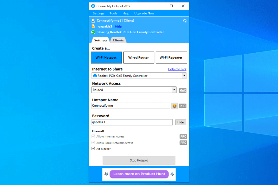Connectify Hotspot main window