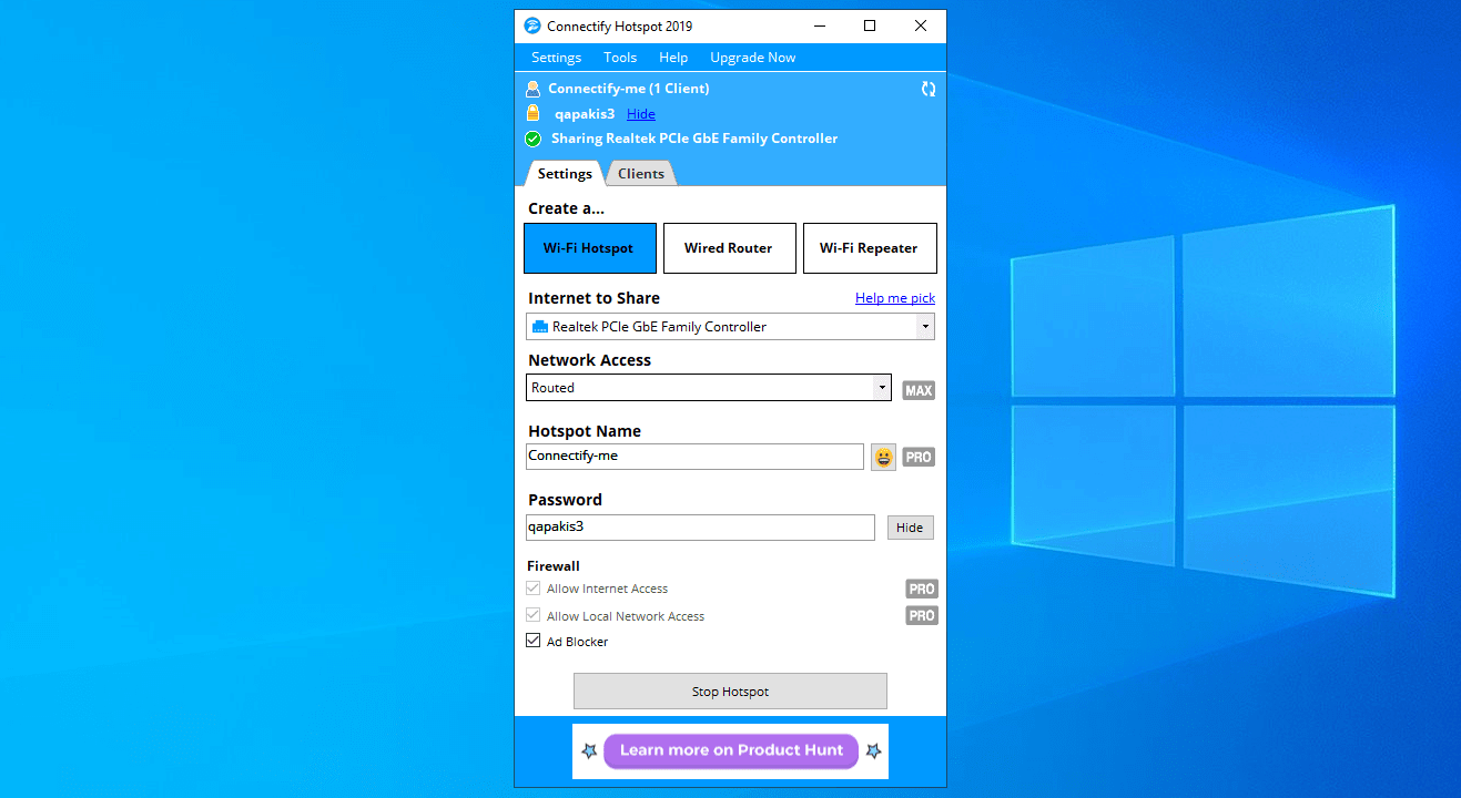 Connectify Hotspot main window