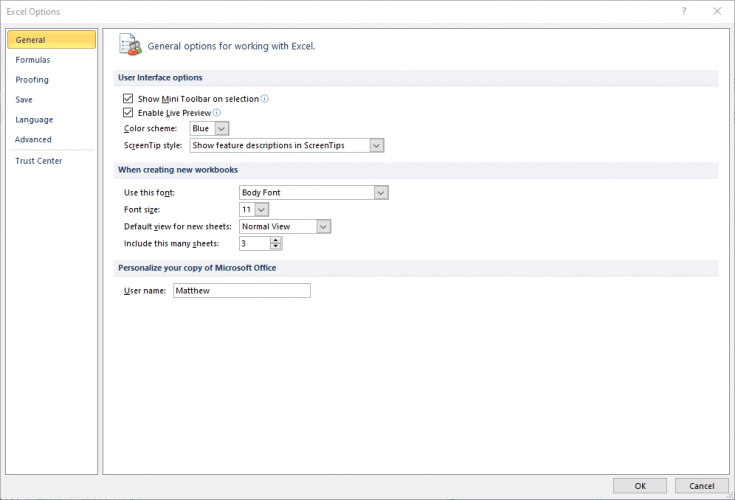 Excel Options window excel file will not scroll down