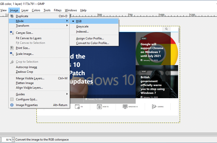 GIMP image menu