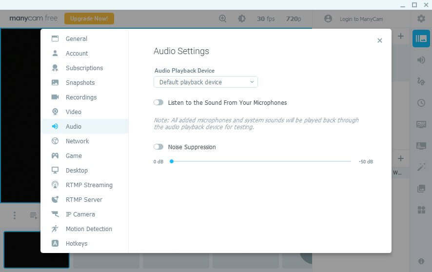 The audio options for ManyCam