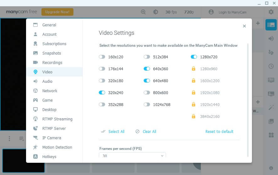 ManyCam's video configuration screen