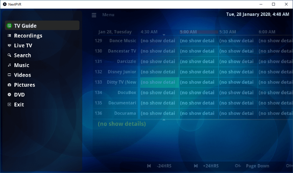 NextPVR main menu